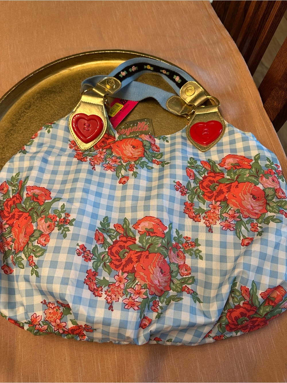 Vintage Betsey Johnson Blue Gingham Shoulder Bag with Red Floral Print - Picture 7 of 7